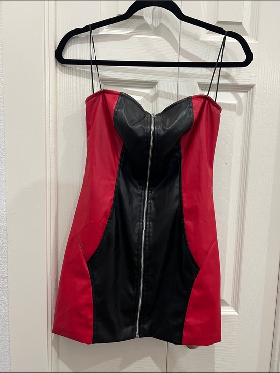 Windsor Dresses & Skirts - Windsor Red and Black Faux Leather Colorblock Mini Dress